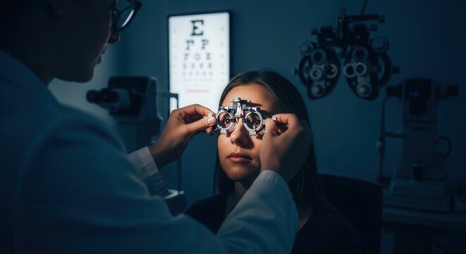 Ophthalmologist performs eye exam on female patient using trial lens frame and eye chart in dimly lit clinic.