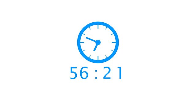 Blue analog clock face showing fifty six minutes and twenty one seconds past midnight.
