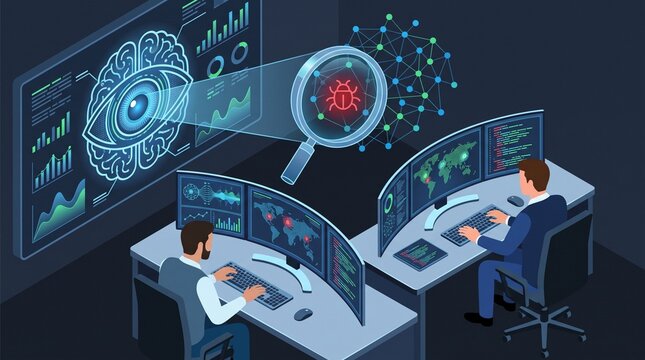 Two professionals monitoring advanced ai driven cybersecurity threat detection systems in futuristic workspace with depicts two individuals collaborating high tech workstations