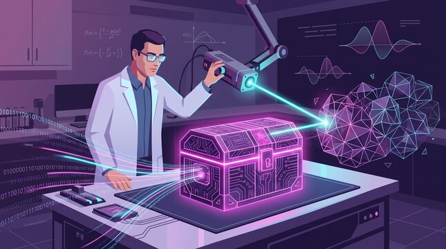 Scientist utilizing futuristic quantum computing device with holographic data encryption in high tech laboratory with operating advanced scanning