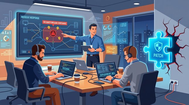 It professionals collaborating in real time to resolve a contained security breach during system patching with technology specialists actively