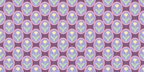 Muted reddish tulips inside lavender ovals set against a deep violet canvas. Calm elegant seamless texture for contemporary home cushion linings and custom journals. © MDC