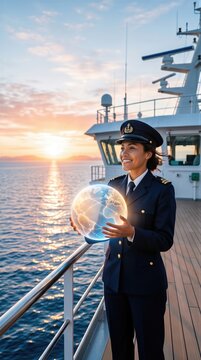 Woman captain holding glowing digital globe on ship deck at sunset. Concept of International Day of the Seafarer, global maritime trade, logistics and ocean navigation technology connection.