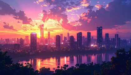 Fototapeta premium Vibrant sunset bathes a distant cityscape in warm hues, with mirrored reflection on water