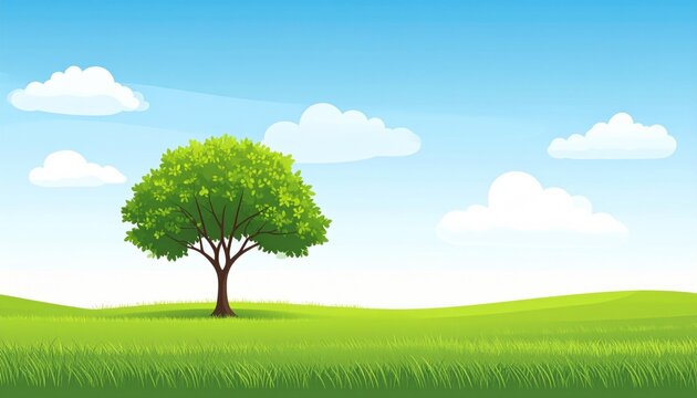 Cartoon depiction of a vibrant, sunny landscape with a single lush green tree and puffy clouds