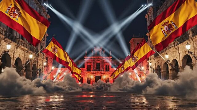 Spanish national flags waving in dramatic light and smoke at night