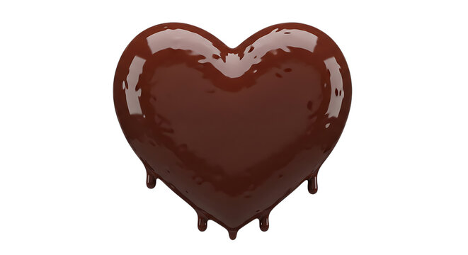A glossy dark chocolate heart with dripping glaze presented as a three dimensional rendering on a black background sweet