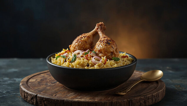 Delicious Chicken Biryani with Roasted Drumsticks and Basmati Rice in a Black Bowl on Wooden Board - Gourmet Indian Cuisine