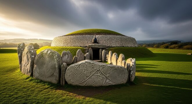 Ancient Stone Circle at Sunset with Dramatic Sky.