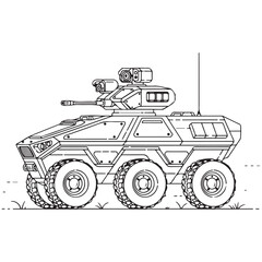 Armored military vehicle with six wheels and turret line art vector for coloring book and educational activity © jeut