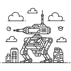 Futuristic bipedal combat robot mech line art vector illustration with mechanical turret and city skyline for sci-fi gaming design © jeut