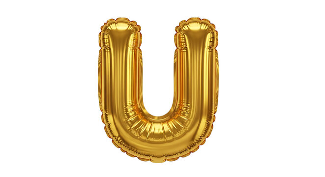 Golden letter u shaped balloon with reflective surface against a dark background isolated studio shot alphabet gold metallic