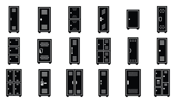 Metal locker and storage cabinet vector icon set featuring school lockers, gym changing room wardrobes, secure safe boxes and multi tier employee compartments in solid black silhouette style