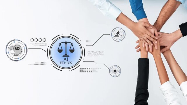 A group of diverse professionals join hands over a technology-themed background, highlighting the vital importance of ethics in artificial intelligence and technology fields. Raster