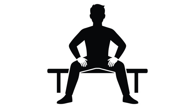 A silhouette of a person sitting on a bench with their legs spread wide.