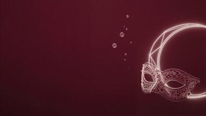Fototapeta premium Elegant mask glows softly beside floating bubbles against deep maroon backdrop.