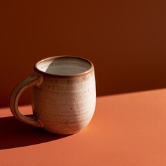 Fototapeta premium Off-center handcrafted ceramic mug on warm terracotta background