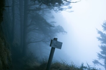 Fototapeta premium Blue-toned foggy pine forest with wooden trail marker at dusk