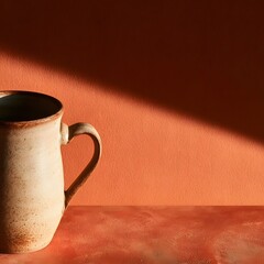 Fototapeta premium Handmade ceramic mug with dramatic diagonal shadow on terracotta wall