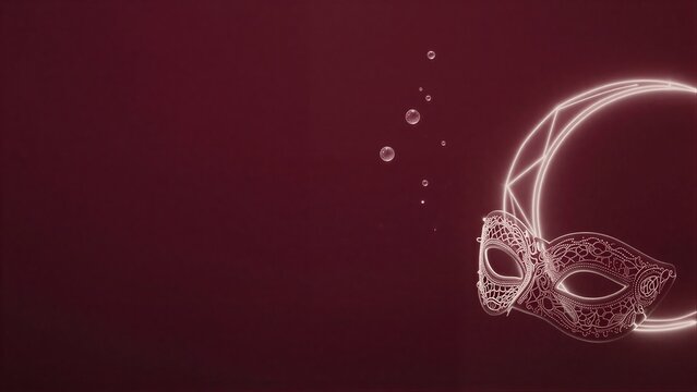 Elegant mask glows softly beside floating bubbles against deep maroon backdrop.