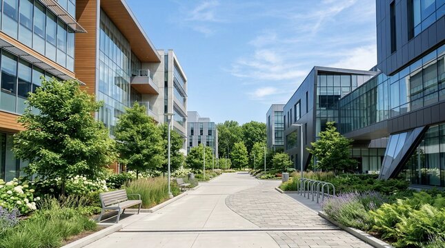 Modern University Campus Walkway in Summer