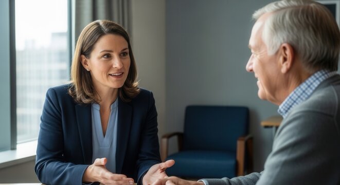 Professional woman in suit discusses plans with smiling elderly man in office setting, conveying trust and collaboration