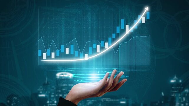 A hand presenting a virtual bar chart illustrates increasing growth with digital lines and a futuristic backdrop, symbolizing financial success and analytics. Copula