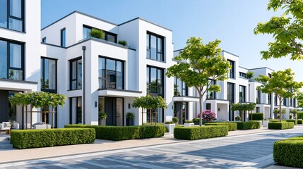 Obraz premium Modern semi-detached houses with clean design and greenery along a paved street under clear blue sky Generative AI