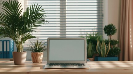 Fototapeta premium Laptop on a wooden desk in a modern home office workspace with indoor plants window