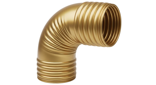 Golden corrugated pipe bend a three dimensional rendering against a black background showcasing metallic texture elbow conduit tubing