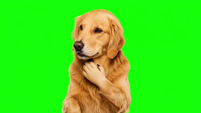 Realistic dog touching chin and thinking, thoughtful problem solving and business strategy concept isolated on chroma key green screen background. 3D.