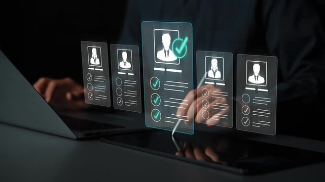 Man analyzing digital profiles with holographic interface, laptop and tablet display, focus on recruitment process and technology advancement Sigmoid