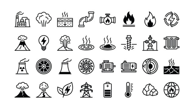Black and white line icons of industrial and environmental symbols including factories trees volcanoes light bulbs machines and energy related graphics  industrial icons