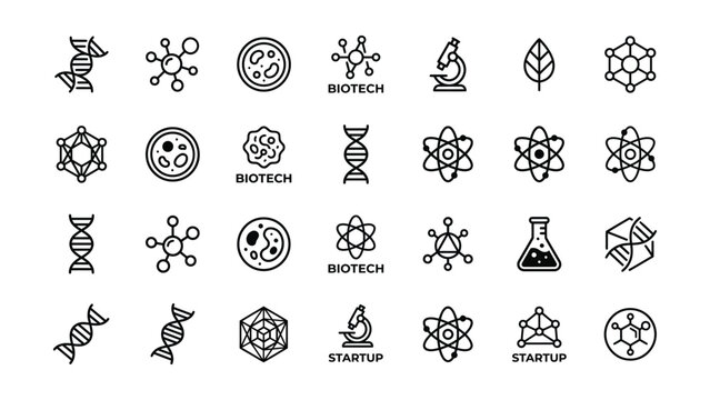 Black and white line icons for science and biotechnology concepts  DNA double helix  molecular structures  cells  microscopes  atoms  startup  leaf  biotech  chemistry