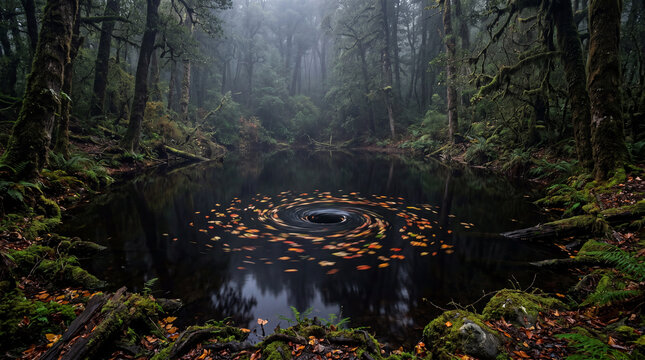 Hypnotic Circular Whirlpool in a Still Dark Forest Lake Representing Mental Rumination and Overthinking