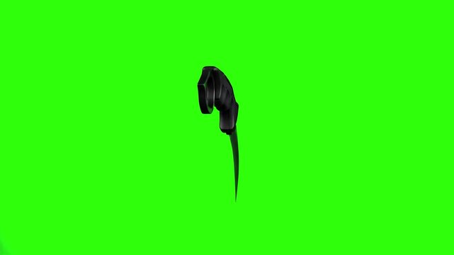 A sleek black tactical karambit knife with a curved blade and ergonomic finger ring floating isolated against a chroma key green screen background. Designed for action video game promo trailers, tacti