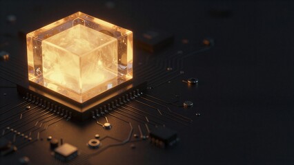 Fototapeta premium Luminous crystal cube sits atop circuit board, glowing warmly against dark tech background.