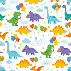 Fototapeta premium Cute Dinosaur Pattern with Balloons and Clouds vector illustration