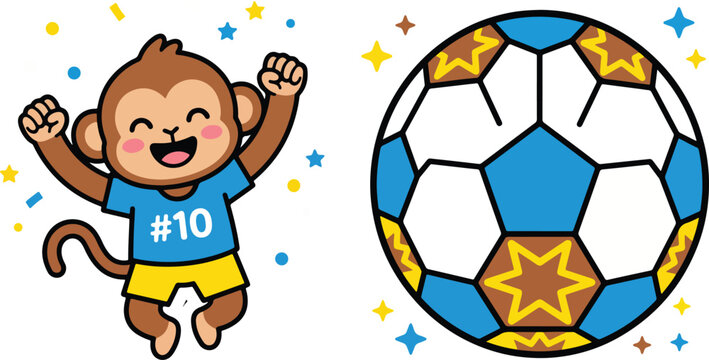 Happy monkey wearing soccer jersey and soccer ball celebration