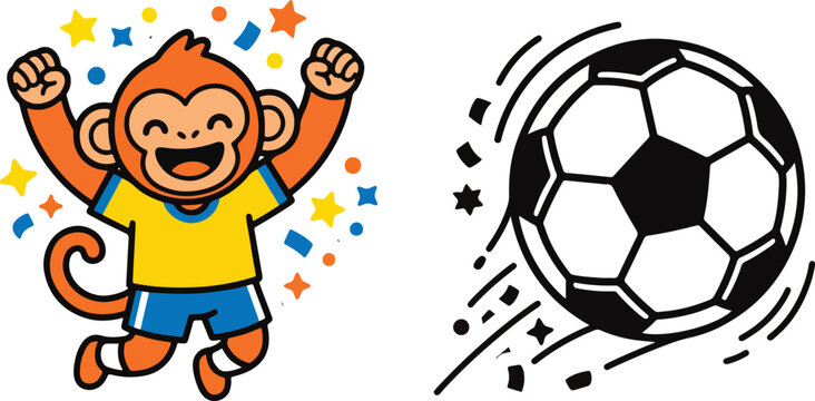 Happy monkey playing soccer with ball and confetti drawing