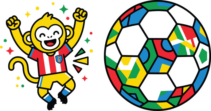 Cheering monkey mascot and international soccer ball graphic