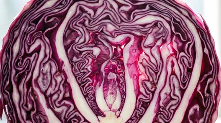 Fototapeta premium Cross section of vibrant purple cabbage showing intricate internal leaf patterns.