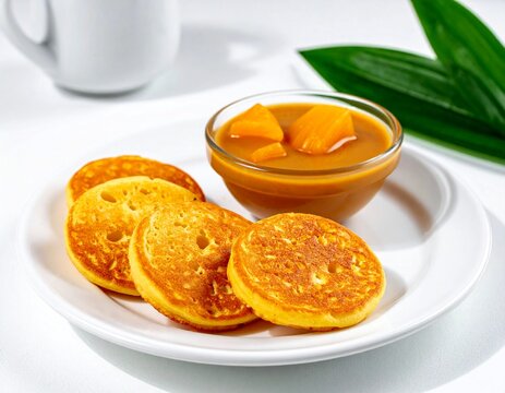 Indonesian traditional serabi cakes with sweet mango compote sauce on white plate isolated on white background