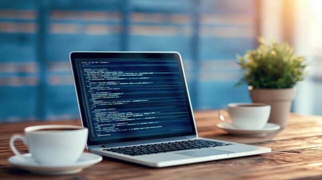 Laptop displaying software development coding on a wooden desk in a modern office
