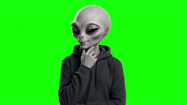 Realistic grey alien hoodie touching chin and thinking, thoughtful problem solving and sci-fi strategy concept isolated on chroma key green screen background. 3D