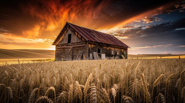 A rustic barn stands amid a golden wheat field under a dramatic, fiery sunset sky.