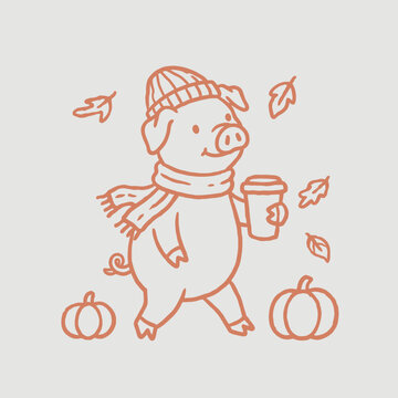 Pig wearing scarf and hat outdoors.