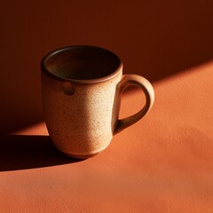 Fototapeta premium Handmade Ceramic Mug on Terracotta Background with Long Shadow