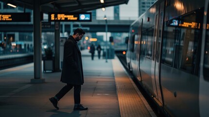 Fototapeta premium A man wearing a dark coat and mask stands alone at a train station platform at dusk, waiting beside a stationary train.
