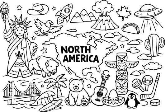 continente de Am&eacute;rica del Norte, ilustraci&oacute;n de dibujos animados a mano alzada, arte lineal, p&aacute;gina para colorear para ni&ntilde;os